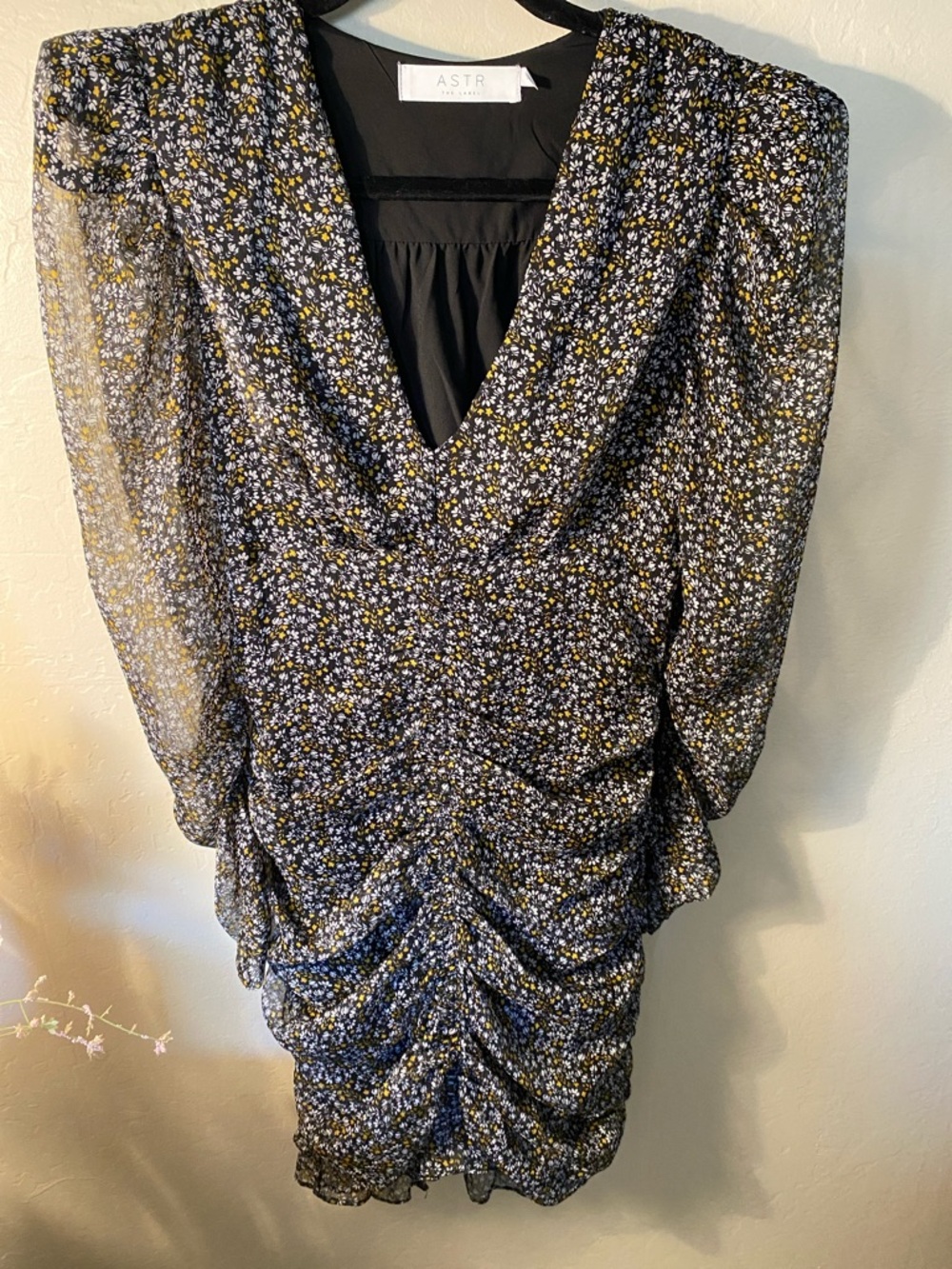Astr Black Floral Ruched V-Neck Mini Dress with Yellow & White Blossoms